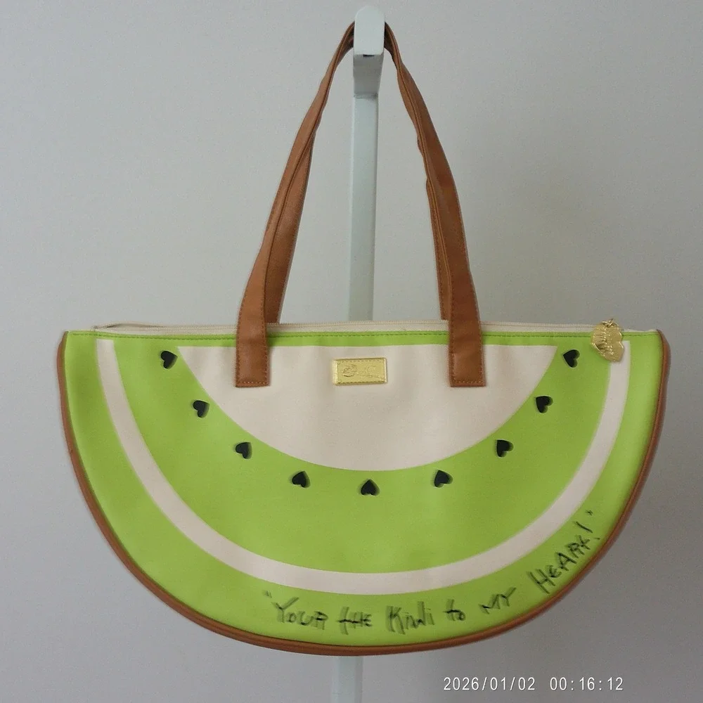 Luv Betsey Faux Leather Quirky Fruit Kiwi Heart Tote Bag Large Green